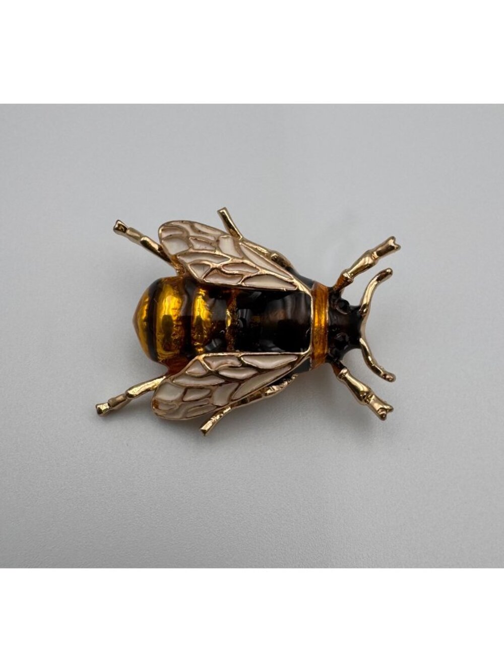 Vintage Enamel Bee Brooch Amber Black Rhinestone Eyes Gold Tone Insect Pin